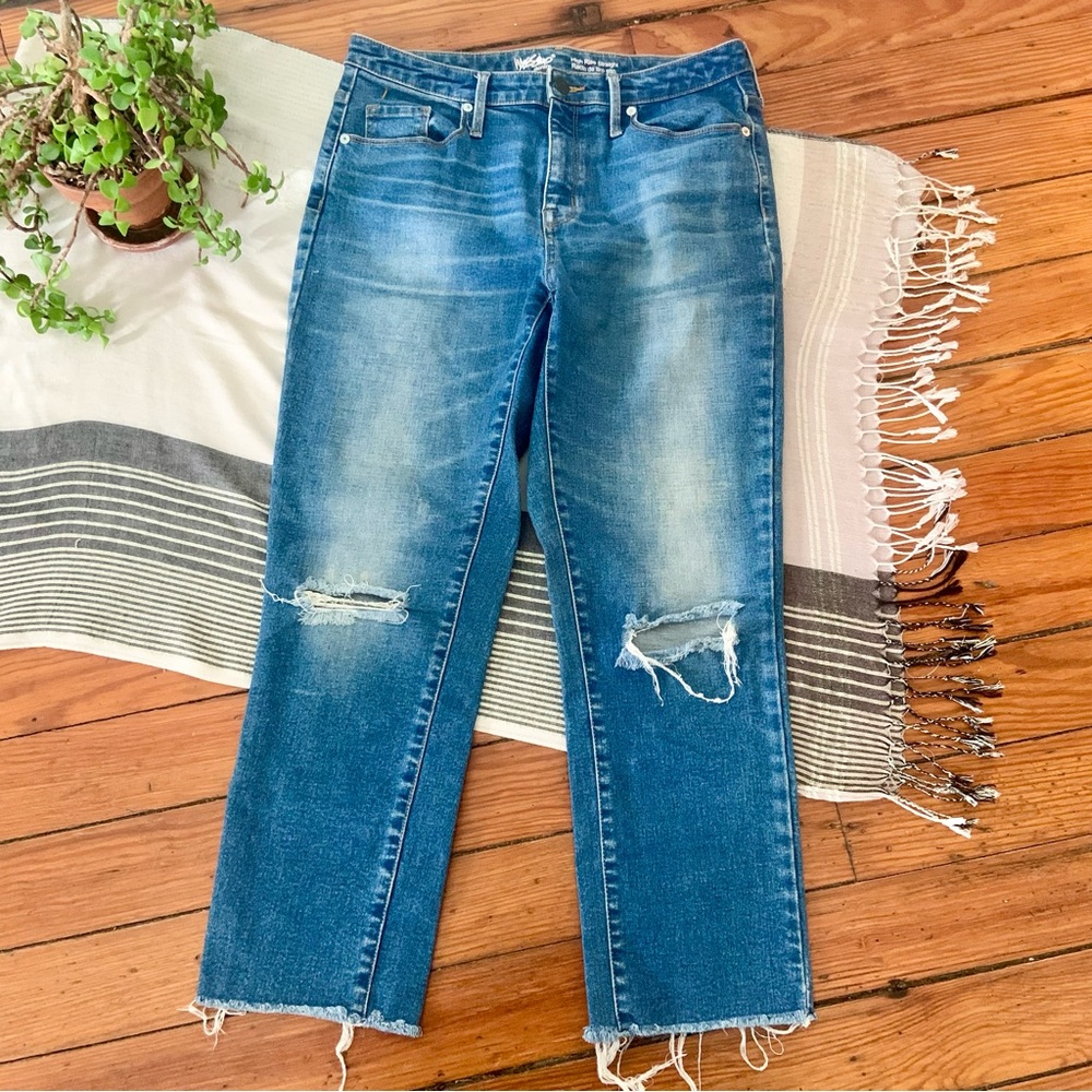 Mossimo High Rise Straight Leg Cropped Distressed Jeans
